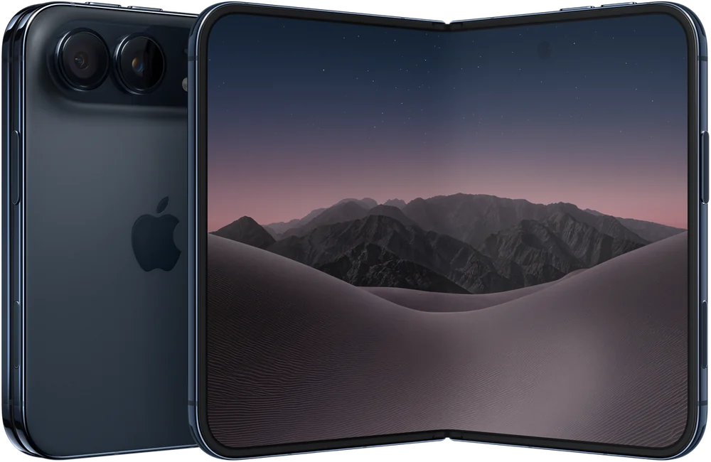 iPhone Duo aberto, com a tela dobrável e a traseira de câmera dupla